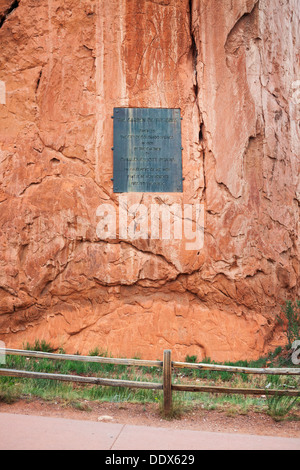 Einweihung Gedenktafel am Garten der Götter, Colorado Springs, Colorado Stockfoto