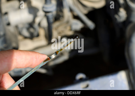Den Ölstand prüfen und lesen den Ölmessstab mit Automotor im Hintergrund unscharf. Stockfoto