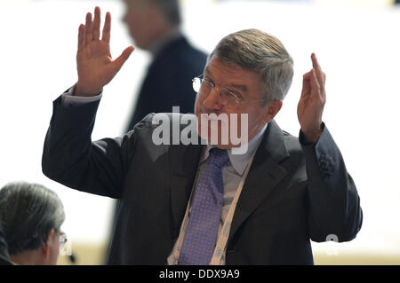 Buenos Aires, Argentinien. 08. Sep, 2013. Deutschlands IOC-Vizepräsident Thomas Bach reagiert während des Sprechens in IOC-Mitglied bei the125th IOC-Session im Hilton Hotel in Buenos Aires, Argentinien, 8. September 2013. Foto: Arne Dedert/Dpa/Alamy Live-Nachrichten Stockfoto