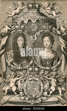 Kupferstich von König William III. und seine Frau Königin Mary, die die englische Monarchie im späten 17. Jahrhundert geteilt. Stockfoto