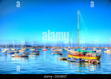 Brillante Farben von Yachten und Booten mit blauem Himmel und Meer in Brixham Marina Devon in HDR Stockfoto