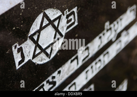 Grabsteine auf einem jüdischen Friedhof in Hebräisch mit einem Davidstern geschrieben Stockfoto