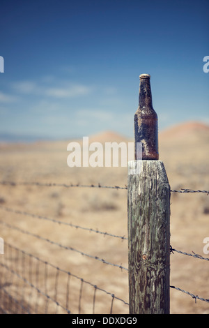 Bierflasche auf Zaun in der Nähe von Buffalo, Wyoming Stockfoto