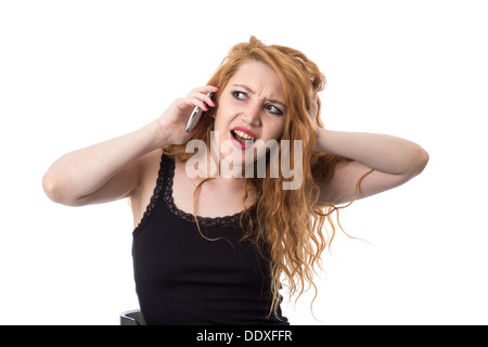 -Modell veröffentlicht. Junge Frau mit Mobiltelefon Stockfoto