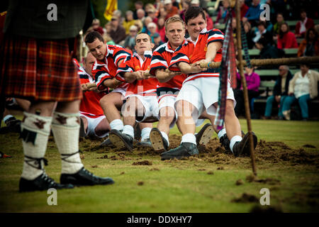 Braemar, Schottland, Vereinigtes Königreich. 7. September 2013: Ein Team kämpft in der Schlepper-Krieg-Wettbewerb während der jährlichen Braemer Highland Games in The Princess Royal und Duke of Fife Memorial Park Stockfoto