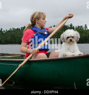 Mädchen in einem Kanu mit ihrem Zuchon Welpen, Lake Of The Woods, Keewatin, Ontario, Kanada Stockfoto