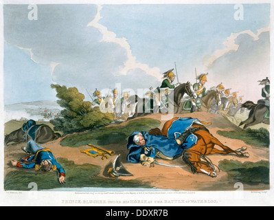 "Fürst Blücher unter seinem Pferd in der Schlacht von Waterloo", 1815. Künstler: Matthew Dubourg Stockfoto