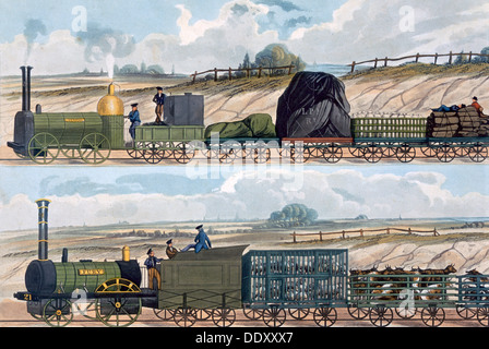 Züge auf der Liverpool and Manchester Railway, 1832-1833. Künstler: SG Hughes Stockfoto