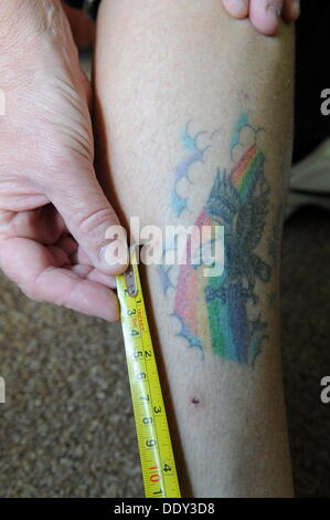 Swansea, Großbritannien. 8. September 2013. Im Bild: 47-jährige Cull Sue (Susan) zeigt die Bissspuren an den Beinen, in ihrer Wohnung in Swansea, Südwales. Montag, 9. September 2013 Re: eine Frau aus Swansea wurde ins Krankenhaus nach gebissen von einem Python auf ihrem Weg nach Hause von einem Curry-Restaurant. Sue (Susan) Cull wurde angegriffen, als Polizei die acht Fuß lange Schlange in Griffith John Street, im Bereich Dyfatty Jagd wurden. 47-Year-Old, nahm eine Abkürzung über den Rasen in der Nähe, wo sie lebte, als sie plötzlich eine stechende Gefühl auf beiden Beinen spürte. Bildnachweis: D Legakis/Alamy Live-Nachrichten Stockfoto