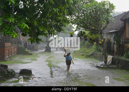 Indonesien, Insel Bali, Tenganan, Frau zu Fuß unter einem tropischen Regen Stockfoto