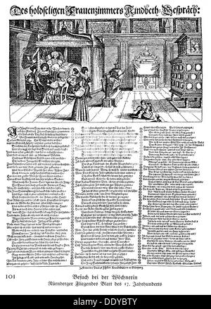 Medizin, Geburt/Gynäkologie, Besucher der Mutter im Kindbett, Holzschnitt, Kupferstich, Flyer, Verlag: Paul Fürst (1608-1666), Nürnberg, ca. 1640 / 1650, Artist's Urheberrecht nicht gelöscht werden Stockfoto