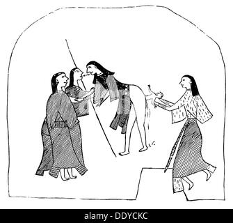 Medizin, Geburt / Gynäkologie, Hebamme des Kiowa Volksstammes, die einer geburtenmutter ein Emetic zur Unterstützung der Wehen gibt, Zeichnung, um 1870, Zusatzrechte-Clearences-nicht vorhanden Stockfoto