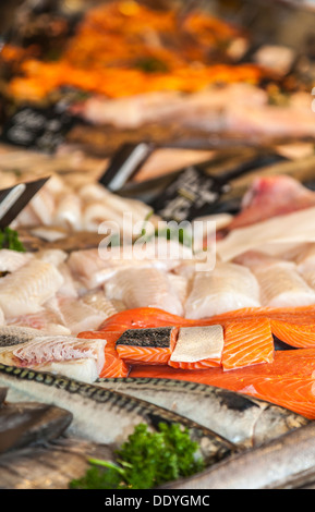 Detail der Lachs paar Fleischstücke auf verschiedene Arten von Fischfleisch auf einem Marktstand. Stockfoto
