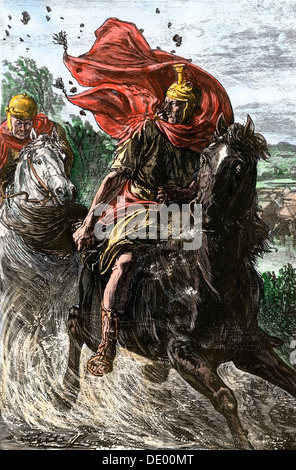 Entweichen von Pompeius der Große nach Ägypten nach seiner Niederlage bei Pharsalus durch Caesar, 48 BC. Hand - farbige Holzschnitt Stockfoto