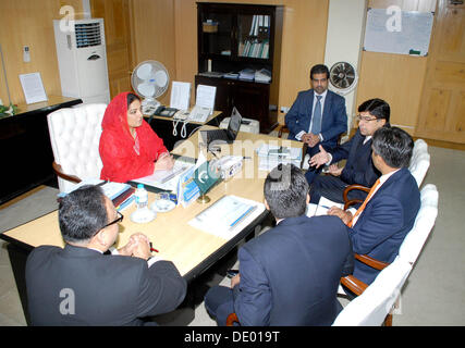 Islamabad, Pakistan. 9. September 2013. Handout Bild durch PID minister des Staates für it / TK Anushia Rahmand zusammen mit Herrn Akhlaq Tarrar Bundesrepublik Secretray Treffen mit Delegation von einer ausländischen Bank unter der Leitung von Herrn Steve Donovan in Islamabad (Foto: PID/Deanpictures/Alamy Live News Stockfoto