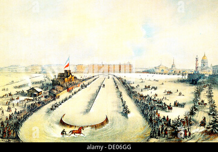 Pferderennen auf der zugefrorenen Newa in Sankt Petersburg, Russland, 1859.  Künstler: Iosif Adolfovich Karl der große Stockfoto