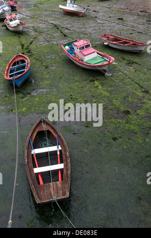 Eine Gruppe von Booten bleiben gebunden in den Hafen von Cee, eine Stadt durch die verläuft der Jakobsweg. Stockfoto