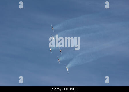 Formationsflug der Patrouille Suisse in der Northrop F-5E Tiger II, Berg-Flugshow der Schweizer Luftwaffe auf der Axalp Stockfoto