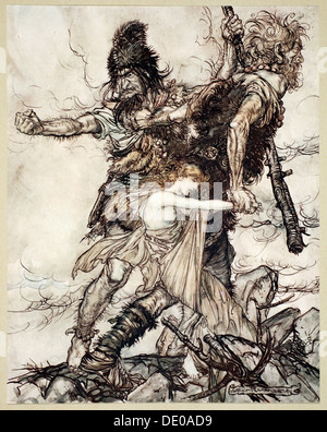 "Fasolt plötzlich packt Freia und zerrt sie auf der einen Seite mit Fafner", 1910.  Künstler: Arthur Rackham Stockfoto