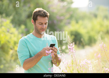 Reifer Mann Text-Messaging-und genießen Sie die Natur Stockfoto