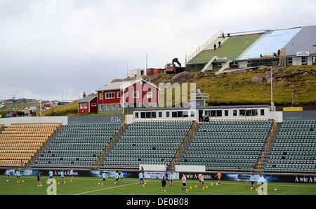 Tórshavn, Färöer. 09. September 2013. Deutschlands Spieler während einer Trainingseinheit der deutschen Fußball-Nationalmannschaft im Torsvollur Stadion in Tórshavn, Färöer, 9. September 2013. Deutschland spielt Färöer Inseln für ein WM-Qualifikationsspiel am 10. September. Foto: Thomas Eisenhuth/Dpa/Alamy Live News Stockfoto