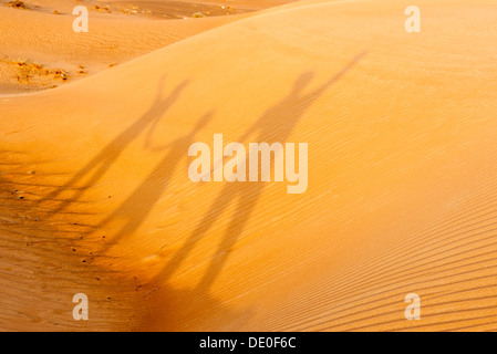 Hand in Hand zusammen, shadow Cast auf Wüstensand Stockfoto