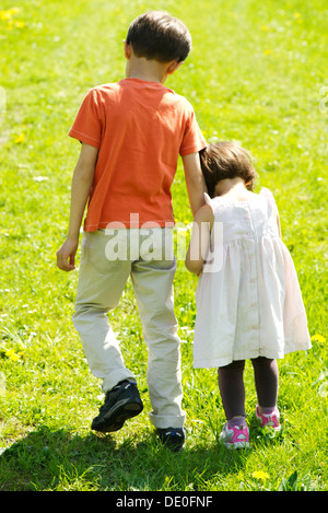 Bruder und Schwester gehen Hand in Hand durch Feld Stockfoto