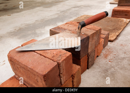 selbst bauen, Haus, Maurerarbeiten, Maurer die Kelle auf Furness rotbraun weiß gemischt Ziegel Stockfoto