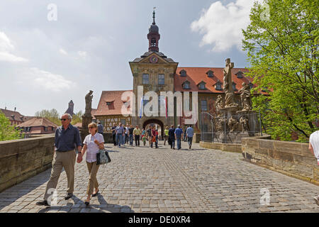 Historisches Rathaus, alte Rathaus von Bamberg, Obere Bruecke Brücke, Bamberg, Franken, Oberbayern Stockfoto