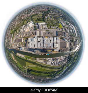 Luftaufnahme, fisheye erschossen, Broekelmann Ölmühle, Hamm, Datteln-Hamm-Kanal, Stadt-Hafen-Hamm, Ruhrgebiet, Nordrhein-Westfalen Stockfoto