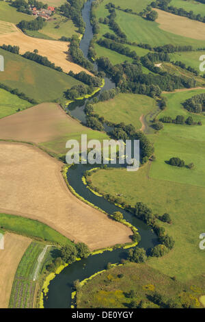 Luftbild, Lippe Fluss, Wiesen, Mäander, in der Nähe von Lünen, Ruhrgebiet, Nordrhein-Westfalen Stockfoto