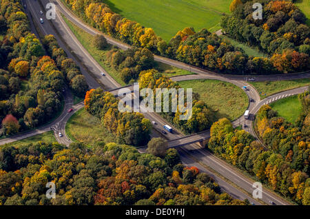 Luftbild, B224-Autobahn-Ausfahrt, Herbst, Gelsenkirchen, Ruhrgebiet, Nordrhein-Westfalen Stockfoto