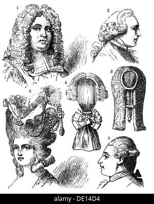 Mode, Frisuren, verschiedene Periwig, Holzstich, 19. Jahrhundert, 17. Jahrhundert, 18. Jahrhundert, 19. Jahrhundert, Grafik, Grafik, Barock, Rokoko, Damenmode, Herrenmode, Frisur, Haare, Aufmachfrisur, Aufmachfrisur, up-do, Kopfschmuck, Vollbodenperücke, Zopf, Zopf, Soldatenschlange, Haarschnitt, Frisur, Perücke, Frisuren, Perigs, Perigs, Perigs, Perigs, Perigs, Perigs, Perigs, Perigs, Perigs, Perigs Frau, Frauen, weiblich, Mann, Männer, männlich, Menschen, Zusatzrechte-Clearences-nicht vorhanden Stockfoto