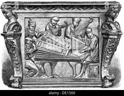 Musik, Musiker, Organist und Streicher, Hochrelief auf einem Notenpult, Galicien, 1633, Additional-Rights-Clearences-not available Stockfoto