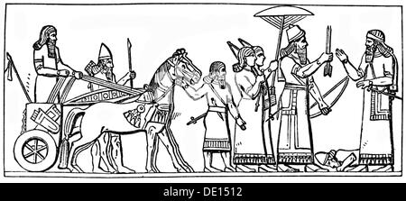 Assurnasirpal II., König von Assyrien 884-859 v. Chr., volle Länge, nach der siegreichen Schlacht von Befreiung von Nimrud angepasst, nach Austen Henry Layard (1817-1894), Holzstich, 19. Jahrhundert, Artist's Urheberrecht nicht geklärt zu werden. Stockfoto
