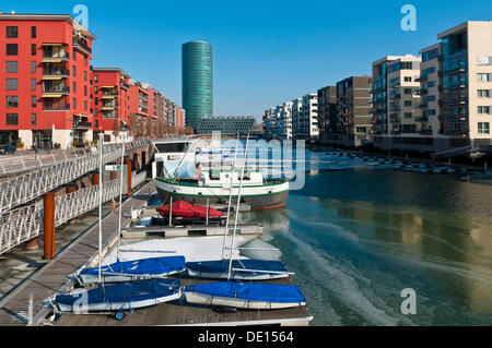 Eis auf dem Main im Frankfurter Westhafen, Blick in Richtung Westhafen Tower, den Spitznamen Apple Wine Tower nach der Form Stockfoto