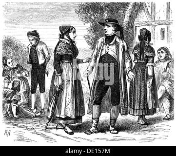 Mode, Tracht, Westfalen, Frauen und Männer in Westfälischen Trachten, Holzstich von Albert Kretschmer (1825 - 1891), um 1872, Zusatz-Rechteklärung-nicht vorhanden Stockfoto