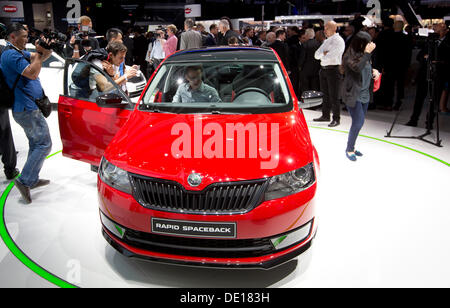 Frankfurt am Main, Deutschland. 9. September 2013. Skoda Auto Autobauer präsentiert Welt premiere Skoda Rapid Spaceback während der 65. IAA Internationale Automobilausstellung in Frankfurt/Main, auf Dienstag, 10. September 2013. (CTK Foto/Petr Mlch) Stockfoto
