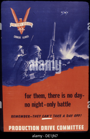 Dieses amerikanische Propagandaplakat betont die unerbittliche Natur der Kriegsarbeit, erinnert die Bürger daran, dass Soldaten keine Pausen haben, und dringt auf eine erhöhte Produktion, um die Kriegsanstrengungen zu unterstützen. Er fordert kontinuierliche Beiträge zur nationalen Verteidigung. Stockfoto