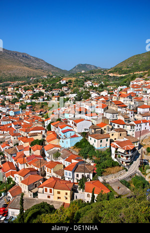 Blick auf (Ano) Vathy ("Samos-Stadt"), Insel Samos, Griechenland. Stockfoto