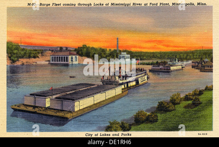 Lastkähne auf dem Mississippi River im Ford-werk, Minneapolis, Minnesota, USA, 1933. Artist: Unbekannt Stockfoto