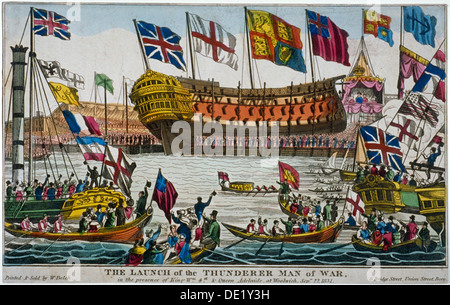 Einführung der HMS "Thunderer", Royal Woolwich Dockyard, Kent, 1831. Künstler: Anon Stockfoto