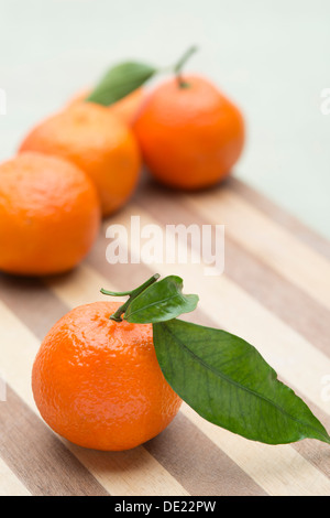 Ein schönes Stillleben Anordnung von Sevilla Orangen mit grünen Blättern auf ein Schneidbrett aus Holz Stockfoto