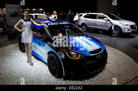Frankfurt am Main, Deutschland. 10. September 2013. Hyundai Autobauer Hyundai i20 WRC-Rennwagen während 65. IAA Internationale Automobilausstellung in Frankfurt/Main, auf Dienstag, 10. September 2013 vorgestellt. (CTK Foto/Petr Mlch) Bildnachweis: CTK/Alamy Live-Nachrichten Stockfoto