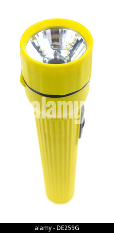 Eine kleine persönliche Größe gelbe Taschenlampe auf weißem Hintergrund. Stockfoto