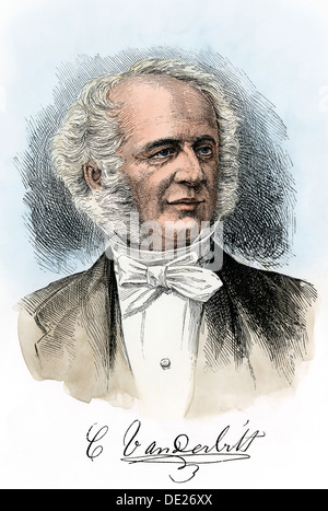 Cornelius (Commodore) Vanderbilt, mit seinem Autogramm. Hand - farbige Holzschnitt Stockfoto