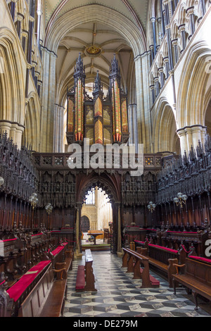 Der Chor von Beverley Minster mit 16. Jahrhundert geschnitzten hölzernen Sitze auch bekannt als Misericords oder Barmherzigkeit Sitze Stockfoto