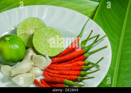 Frische Kräuter und Gewürze (Chili, Knoblauch, Zitrone) Stockfoto