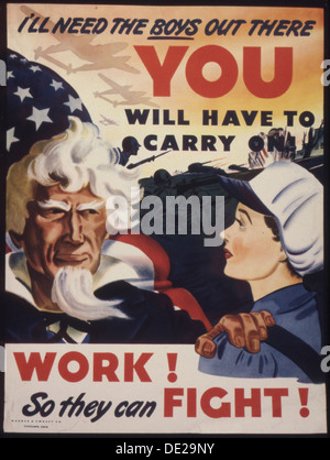 Dieses amerikanische Propagandaplakat aus der Zeit des Zweiten Weltkriegs unterstreicht die entscheidende Rolle der Heimfrontarbeiter bei der Unterstützung des Militärs. Er unterstreicht die Notwendigkeit, dass die Zivilbevölkerung ihre Produktion fortsetzen und hart arbeiten muss, damit sich die Soldaten auf Kampfaufgaben konzentrieren können. Stockfoto