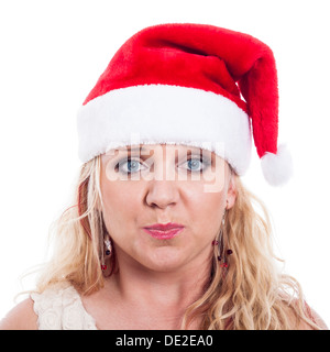 Überrascht Frau Weihnachtsmütze, isoliert auf weißem Hintergrund. Stockfoto
